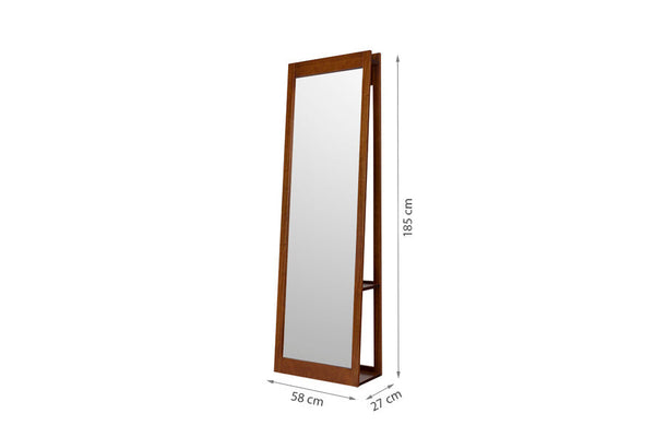 foto do espelho grande para quarto de chao com cabide caramelo visto na diagonal com medidas escritas na imagem