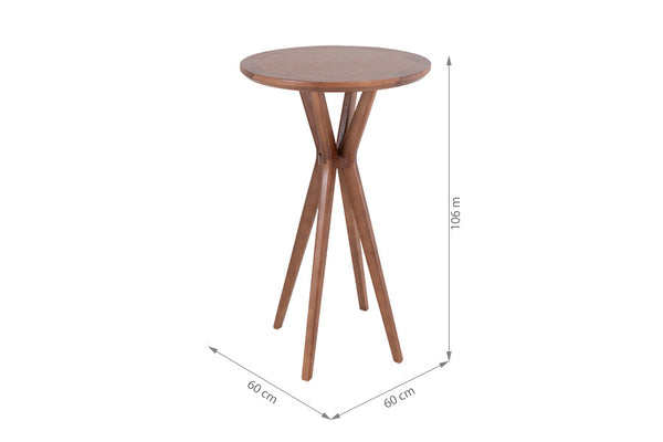 mesa bistro alta de madeira margot 60 amendoa vista na diagonal com medidas escritas na imagem