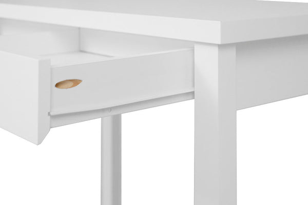 mesa escrivaninha 80 duna branco giz com gaveta aberta vista de lado mostrando corredica