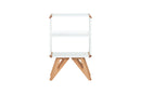 mesa cabeceira madeira pequena baori branco e jatobá vista de frente em fundo branco