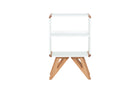 mesa cabeceira madeira pequena baori branco e jatobá vista de frente em fundo branco