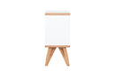 mesa de cabeceira mdf baori branco e jatobá vista de lado em fundo branco