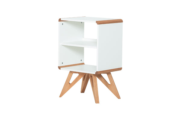 mesa de cabeceira para quarto baori branco e jatobá visto em diagonal