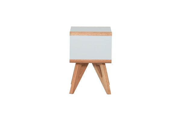 mesa lateral para sala baori cinza claro e jatobá vista de lado em fundo branco