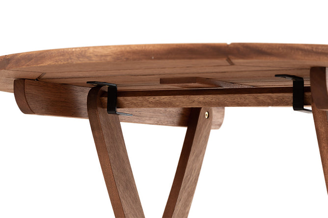 mesa rustica de madeira redonda 90 dobrável jatobá mostrando parte debaixo do tampo