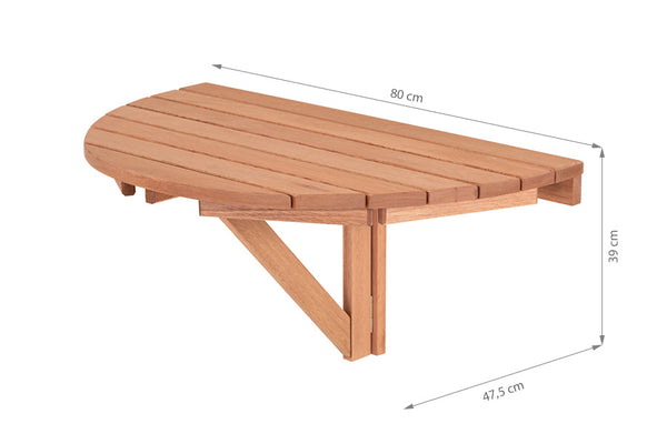 mesa rústica de madeira redonda dobrável legno jatobá em fundo infinito com medidas escritas na imagem