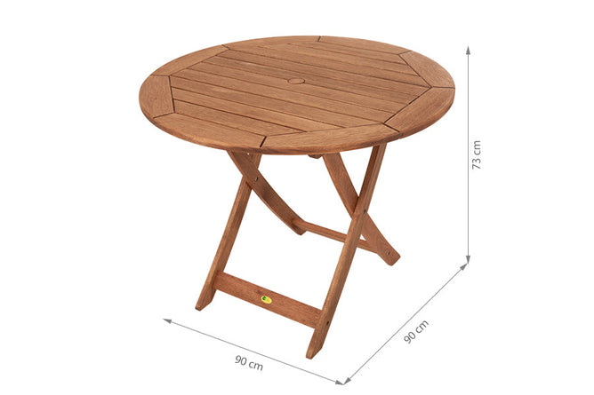 mesa rustica redonda 90 cm dobrável jatobá vista de cima com medidas escritas na imagem