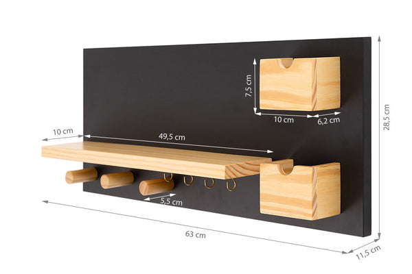 painel de recados e porta chaves criativo chat cru e quadro negro visto na diagonal com medidas escritas na imagem