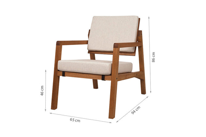 poltrona moderna comodita jatoba e tecido bege com medidas do item descrito na imagem