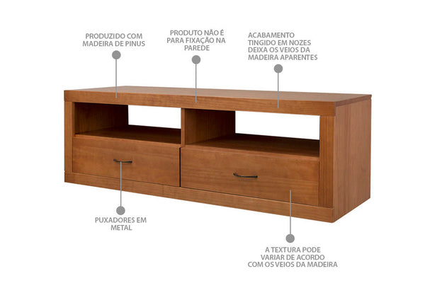 rack para tv euro nozes visto na diagonal em fundo branco com informacoes escritas no produto