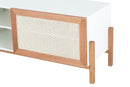 rack 166 cm off white yono branco e jatobá focando na porta com rattan