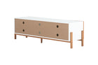 rack branco para sala 166 cm yono branco e jatobá visto de trás mostrando furações para passagem de fio em fundo branco