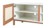 rack madeira yono 166 cm branco e jatobá com porta aberta mostrando parte interna do móvel