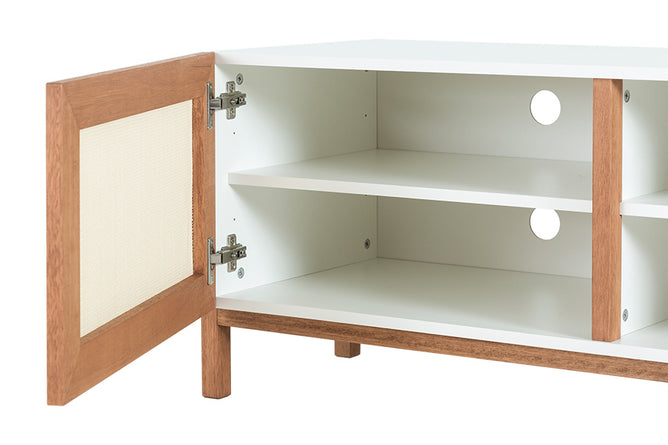 rack madeira yono 166 cm branco e jatobá com porta aberta mostrando parte interna do móvel