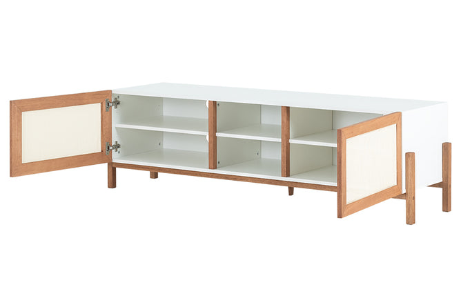 rack para quarto yono 166 cm branco e jatobá visto na diagonal com duas portas abertas em fundo branco