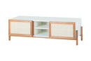 rack para sala yono branco e jatobá visto na diagonal em fundo branco