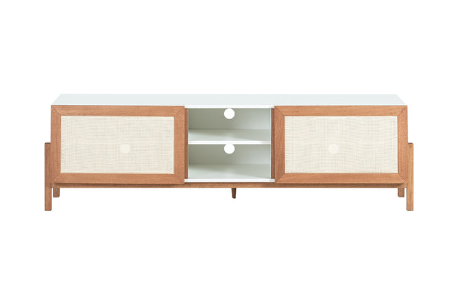 rack tv yono 166 cm branco e jatobá visto de frente em fundo branco com portas fechadas