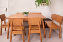sala de jantar com banco de madeira 2 lugares baviera cor nozes junto com mesa e cadeiras da linha baviera