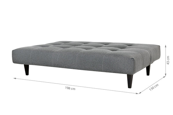 sofa cinza cama denver cinza visto na diagonal em forma de cama com medidas escritas na imagem