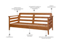 sofa de madeira 3 lugares pontal nozes sem almofadas em fundo infinito visto pela diagonal com detalhes escritos na imagem