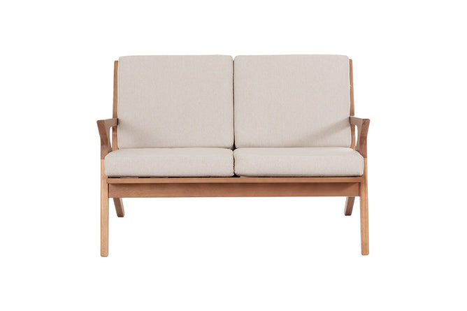 sofa para varanda 2 lugares tris amendoa e tecido cru em fundo infinito visto de frente