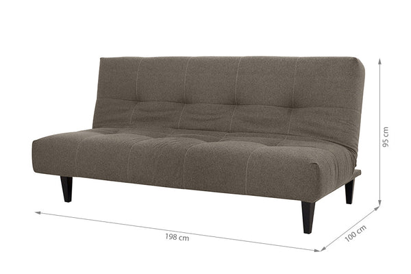 sofa pequeno cama denver marrom visto na diagonal em forma de sofa com medidas escritas na imagem
