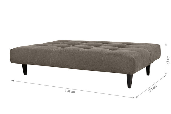 sofa reclinavel cama denver marrom visto na diagonal em forma de cama com medidas escritas na imagem