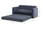 sofa cama 2 lugares vira tecido grafite aberto com medidas escritas na imagem