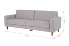 sofa cinza 3 lugares nairobi cinza claro em fundo infinito com medidas importantes escritas na imagem