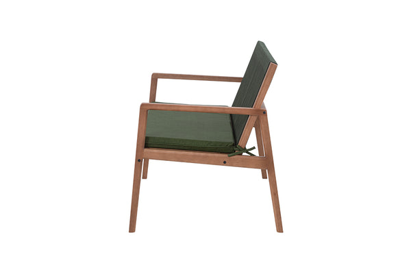 sofa confortavel oliva amêndoa e corda verde visto de lado em fundo branco